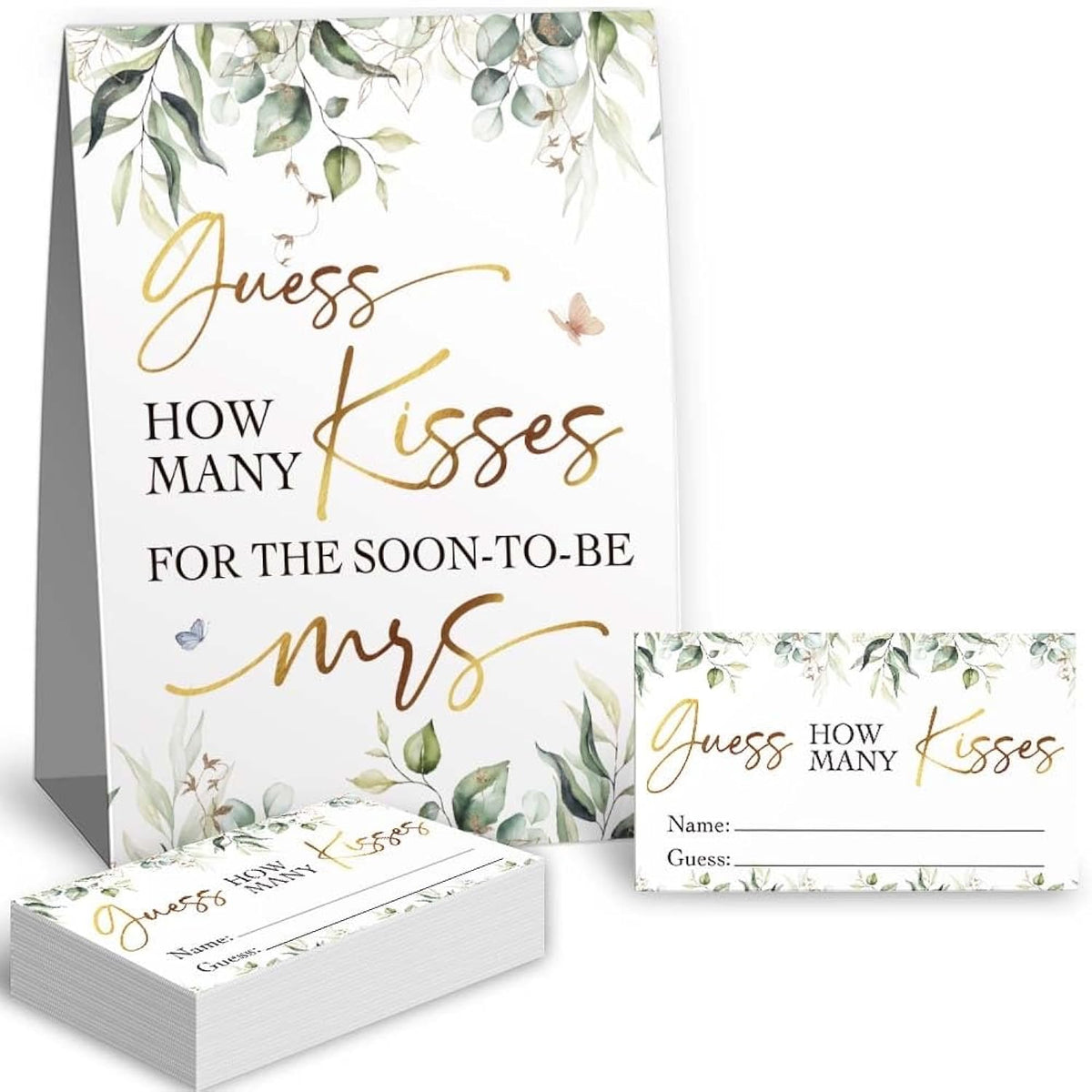 Greenery Guess How Many Kisses Bridal Shower Game - 1 Sign + 50 Cards Set, Bridal Shower Games, Bachelorette Party Night, Bridal Shower Games Ideas