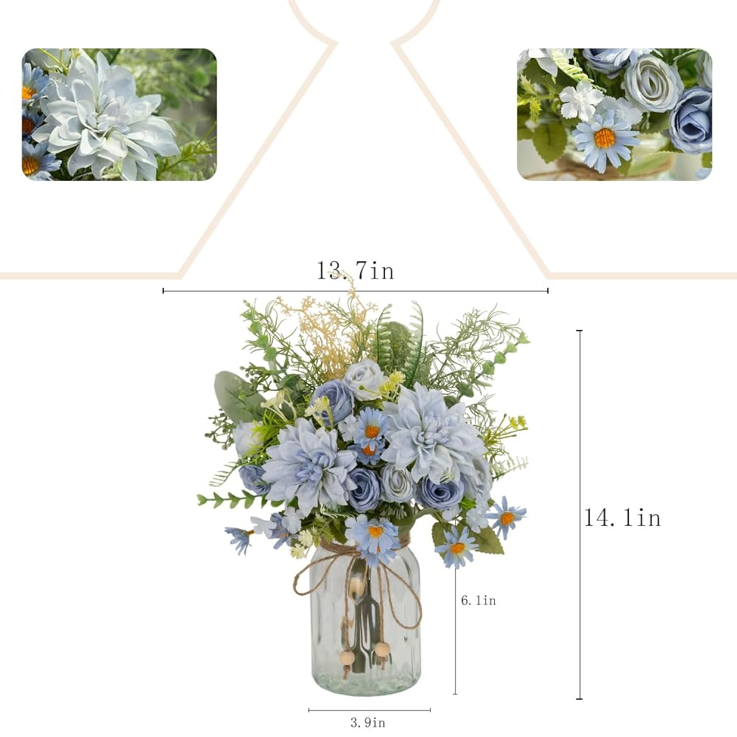 Silk Dahlia Artificial Flower With Vase, Fake Faux Rose Flowers Bouquets In Vase For Home Office Table Decoration (Dahlia-Blue)