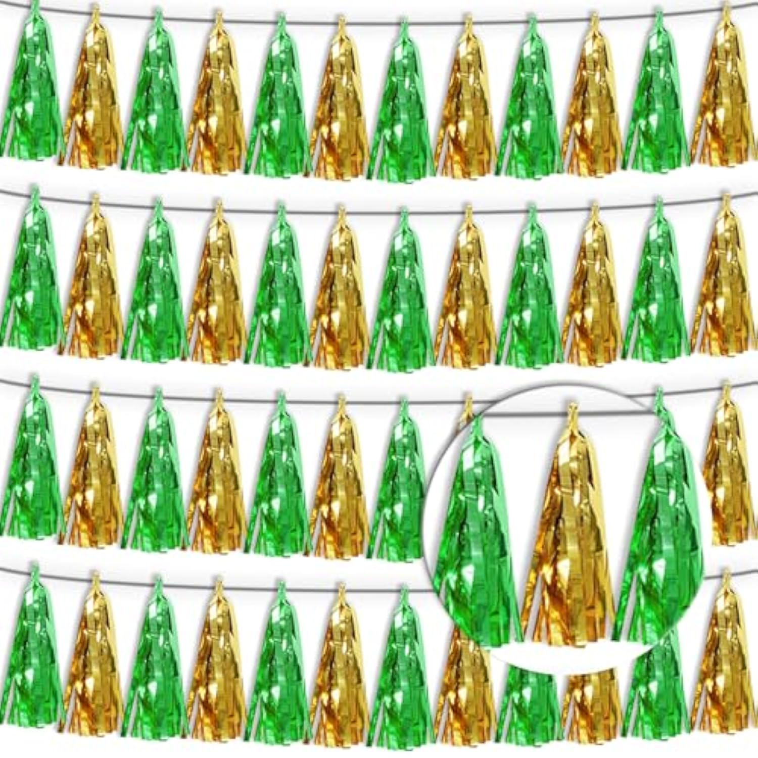 4P Sage-Green Gold Tassel Banner Garland Metallic Foil Fringe Banner Tinsel Tassels Streamer Banner Backdrop For Parade Floats, Graduation Decorations, Woodland Party Decoration