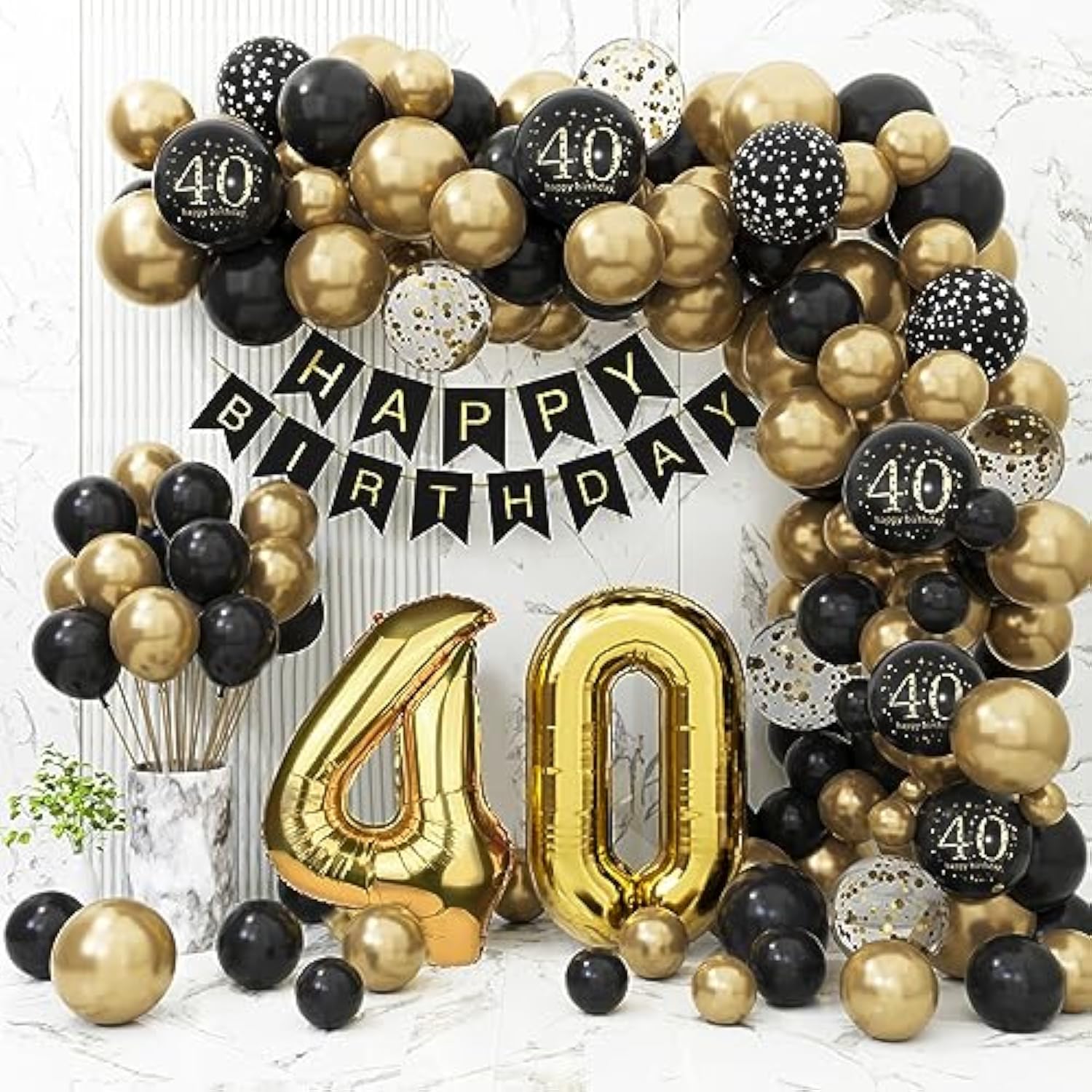 40th Birthday Decoration Set: Black & Gold Balloons, "Happy Birthday" Banner