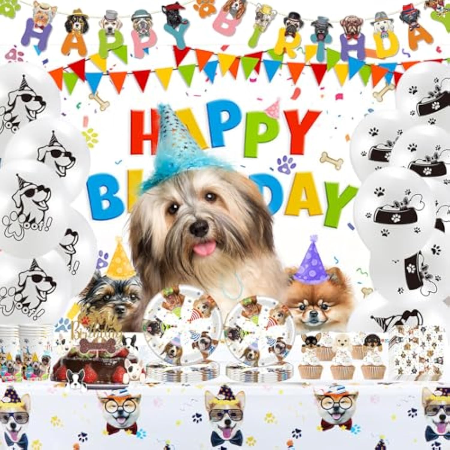 102 Pcs Dog Themed Birthday Kit Paw Print Balloons, Plates, Banner & More for 20 Guests