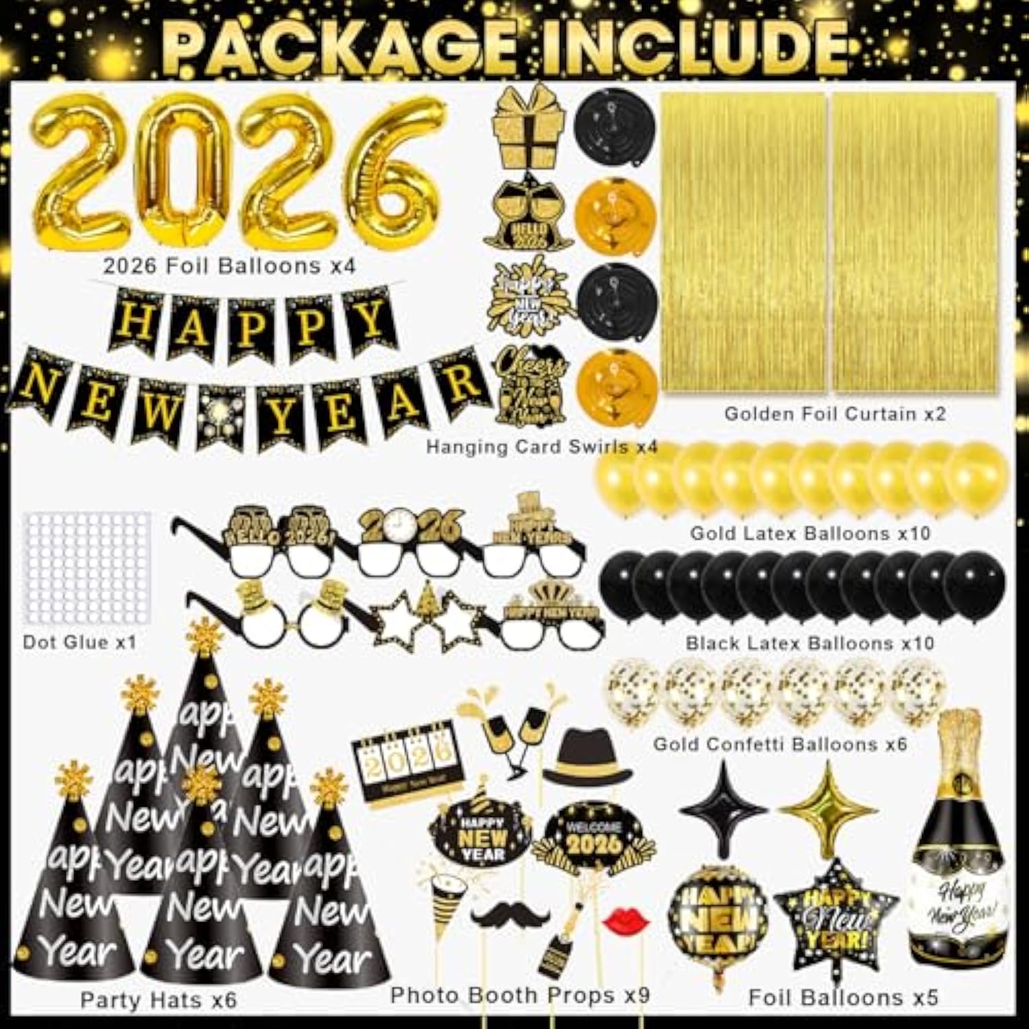 New Year 2026 Party Kit Balloons Hats Glasses Banner Photo Props Decorations