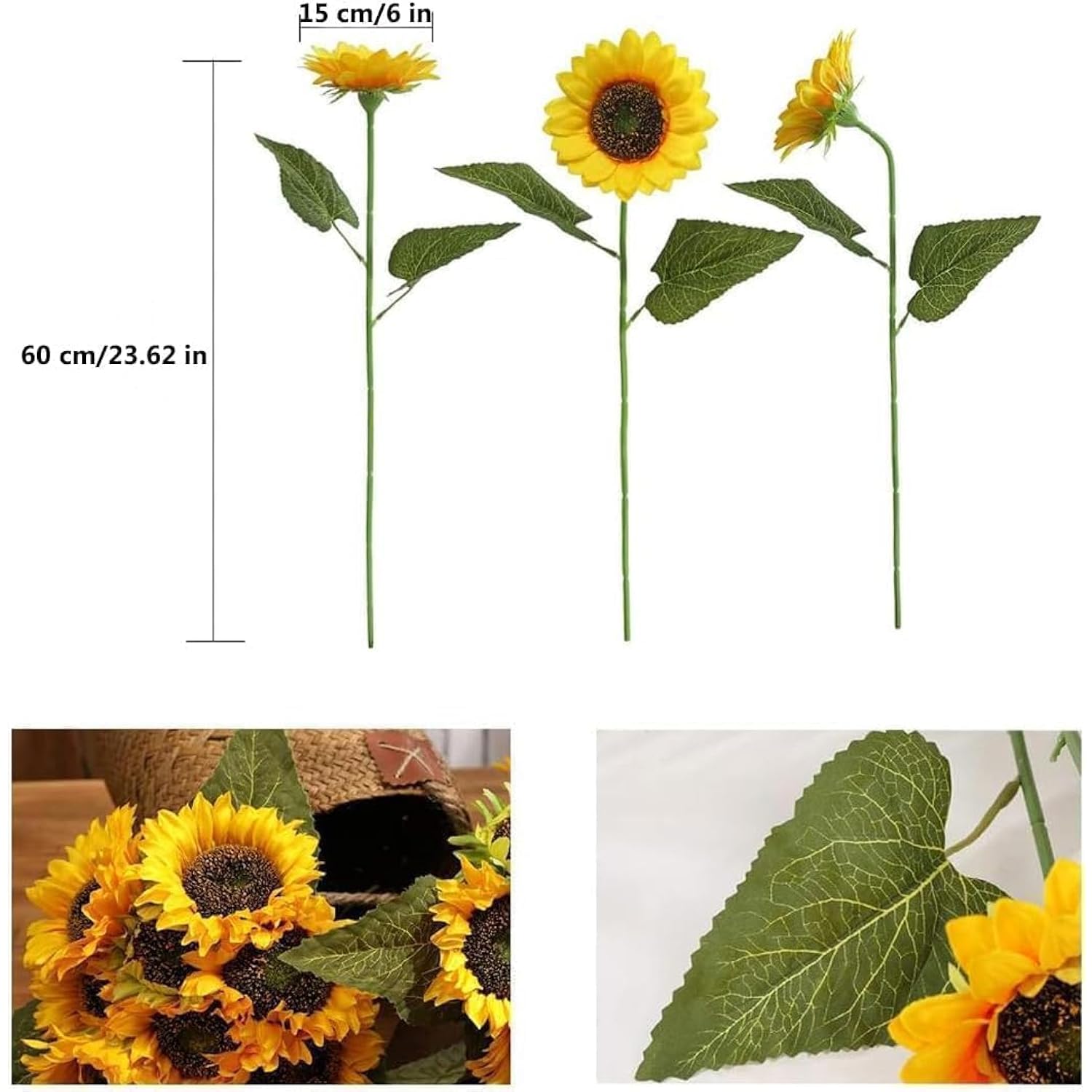 Artificial Sunflower Flowers Long Stem Silk Fake Large Sunflowers Decoration For Outdoor Home Wedding Baby Shower Birthday Party Single Bulk Yellow Decor 6Pcs (Dark Center)