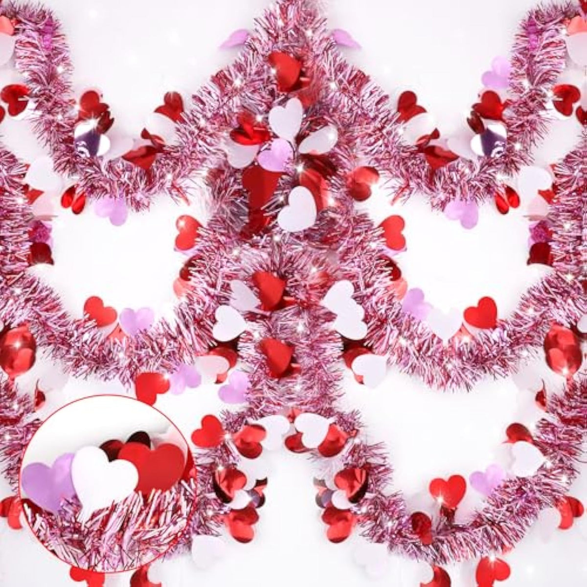 33 Ft Valentines Heart Tinsel Garland Decorations, Valentines Day Red Pink White Metallic Garland Valentine'S Day Decorations For Home Indoor Outdoor Wedding Hanging Valentines Day Decor