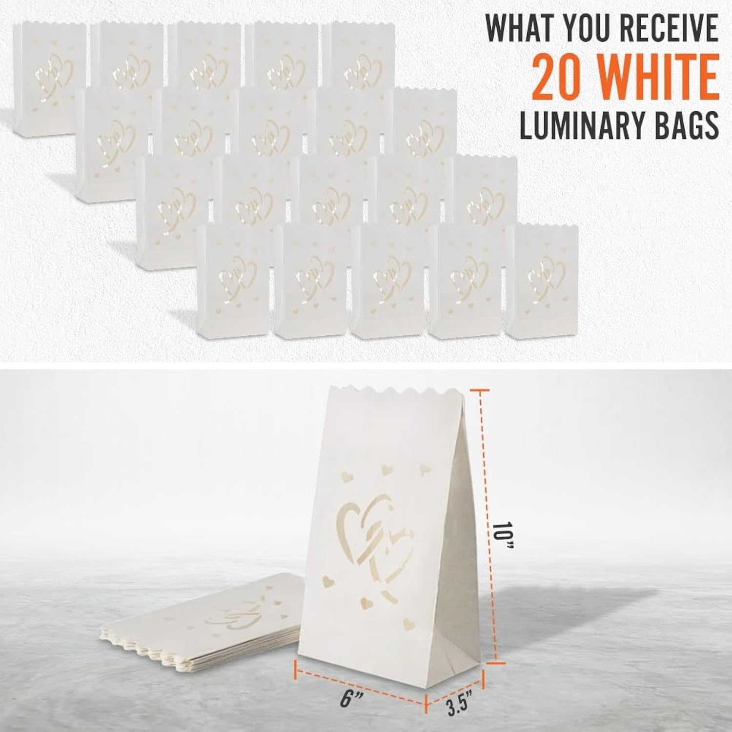 20 Pcs White Heart Luminary Bags Outdoor, Reusable Flame Resistant Paper Special Lantern Bag With Cotton Material For Wedding Valentine Engagement Marriage Proposal Decorations