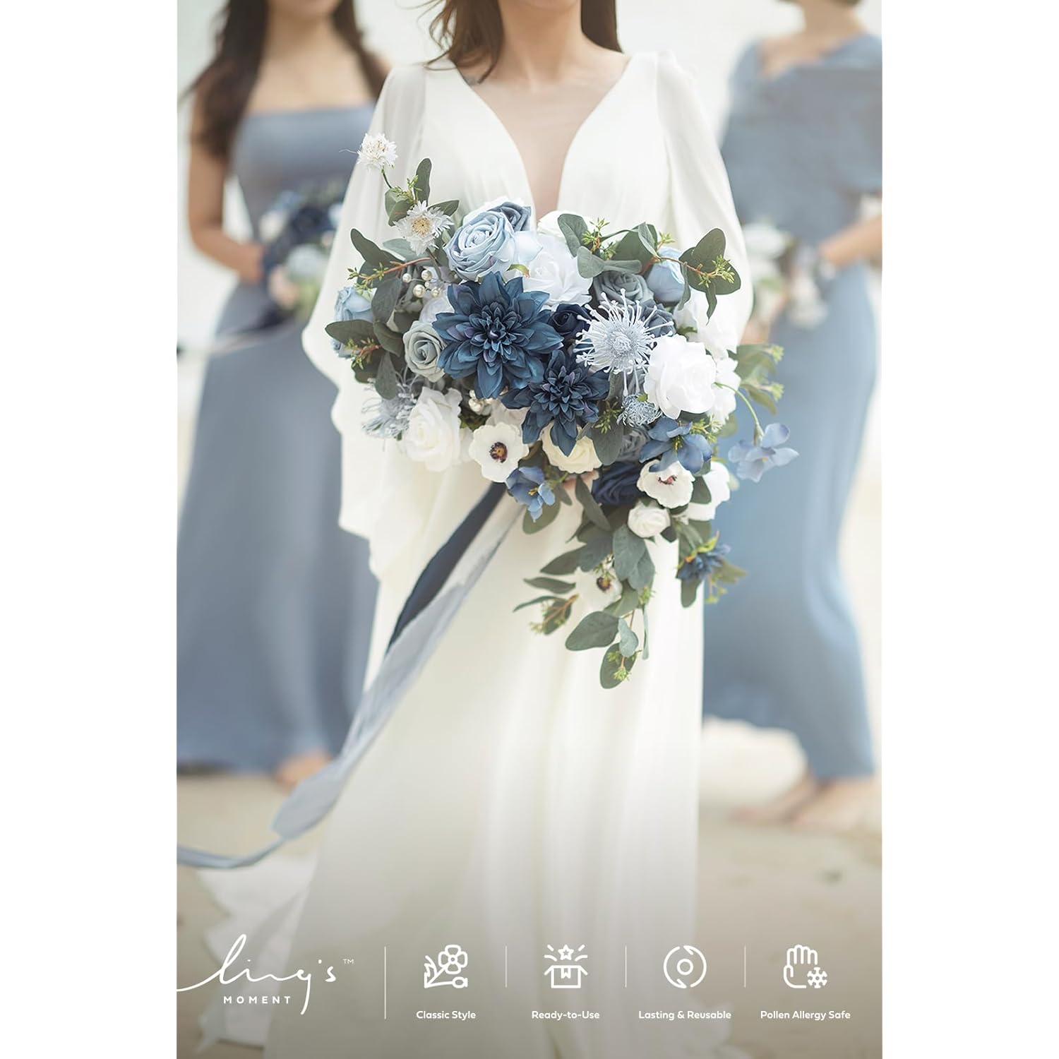 Fake Flowers Box, Faux Artificial Greenery Stems Foam Roses Silk Dahlia Fabic Flower For Centerpieces Bouquet Wedding Vase Floral Arrangement Decorations, Dusty Blue & Navy, Grand Combo