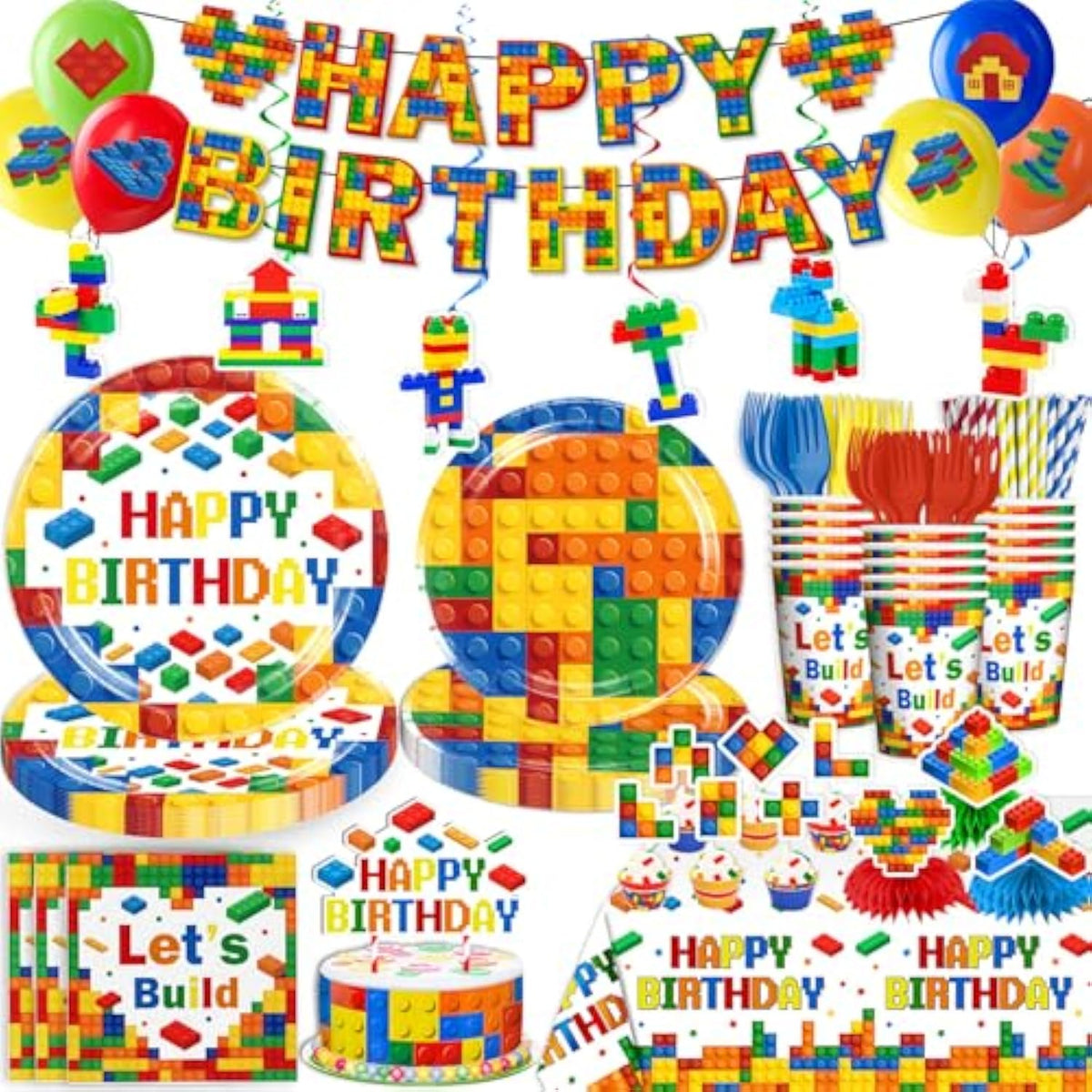 Building Block Birthday Party Supplies: Complete 198-Piece Set With 300Gsm Thick Paper Plates, Waterproof Tablecloth & Eco-Friendly Straws For Boys & Girls Birthday, Serves 25 Guests