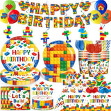Building Block Birthday Party Supplies: Complete 198-Piece Set With 300Gsm Thick Paper Plates, Waterproof Tablecloth & Eco-Friendly Straws For Boys & Girls Birthday, Serves 25 Guests