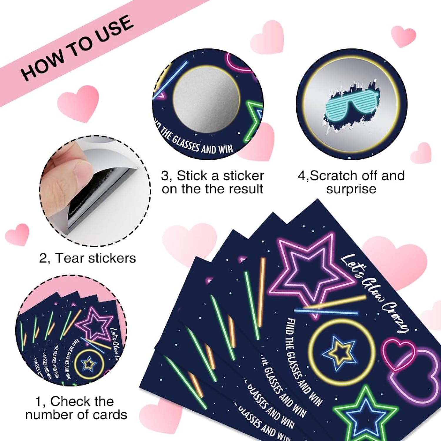 50 Psc Let'S Glow Crazy Scratch Off Game Cards, Scratch Cards For Wedding Birthday Glow Neon Party, Disco Raves Concert Camping Party Supplies, Concert Lottery Group Games Activity