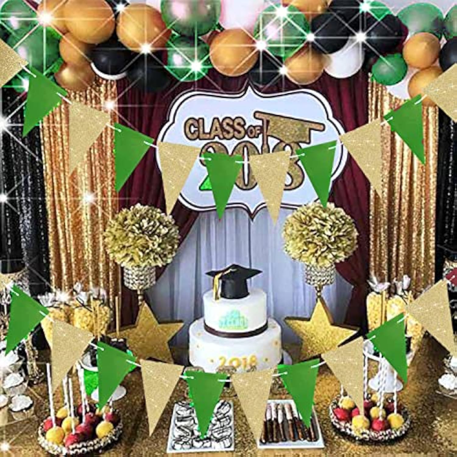 Graduation Party Decorations Green Gold 2025/Green Gold Graduation Decorations 2025/St. Patrick’S Day Decorations/Glitter Gold Green Birthday Party Decorations 2Pcs Triangle Banners