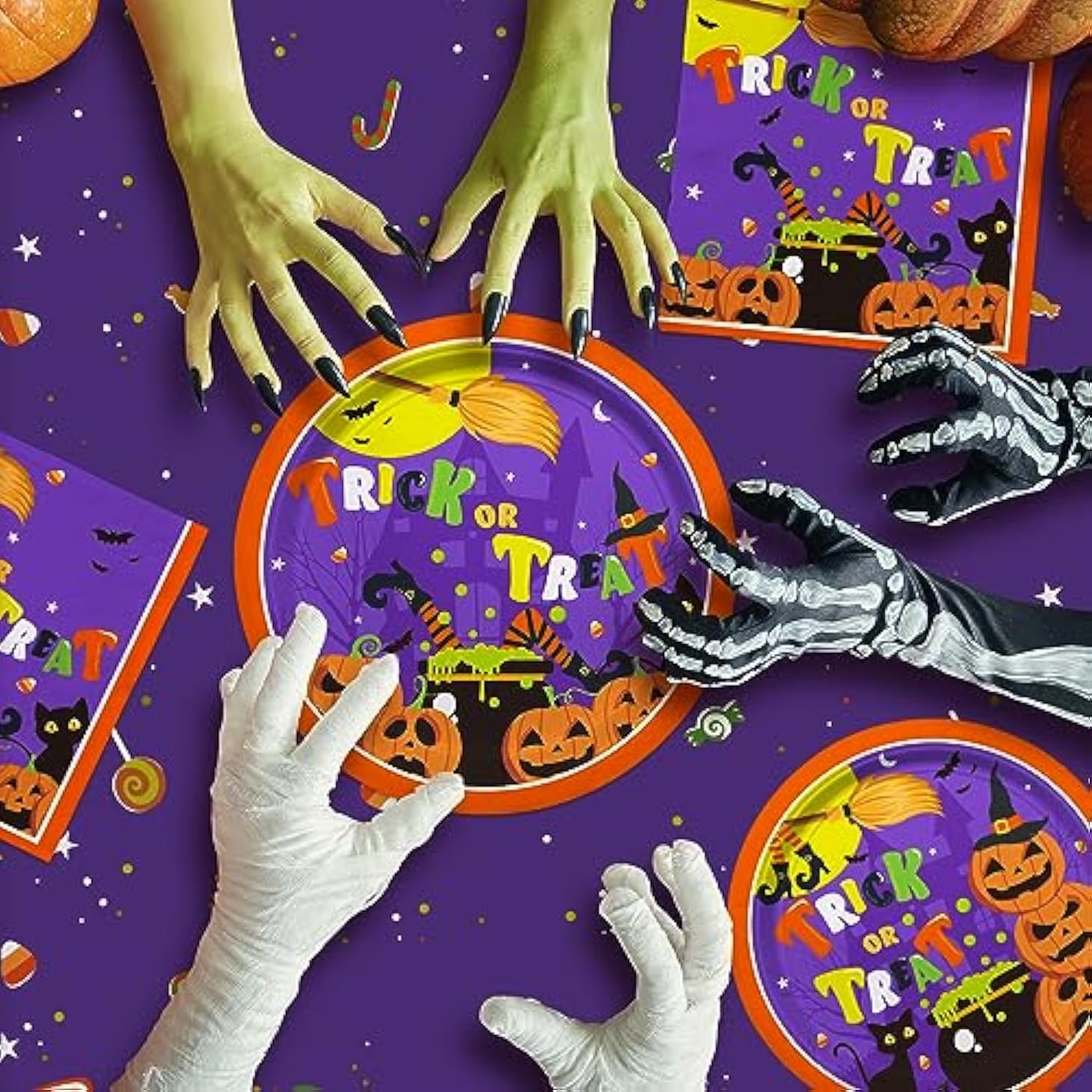 Halloween Party Supplies Kit for 50 Witch Pumpkin Disposable Plates Dessert Plates Napkins