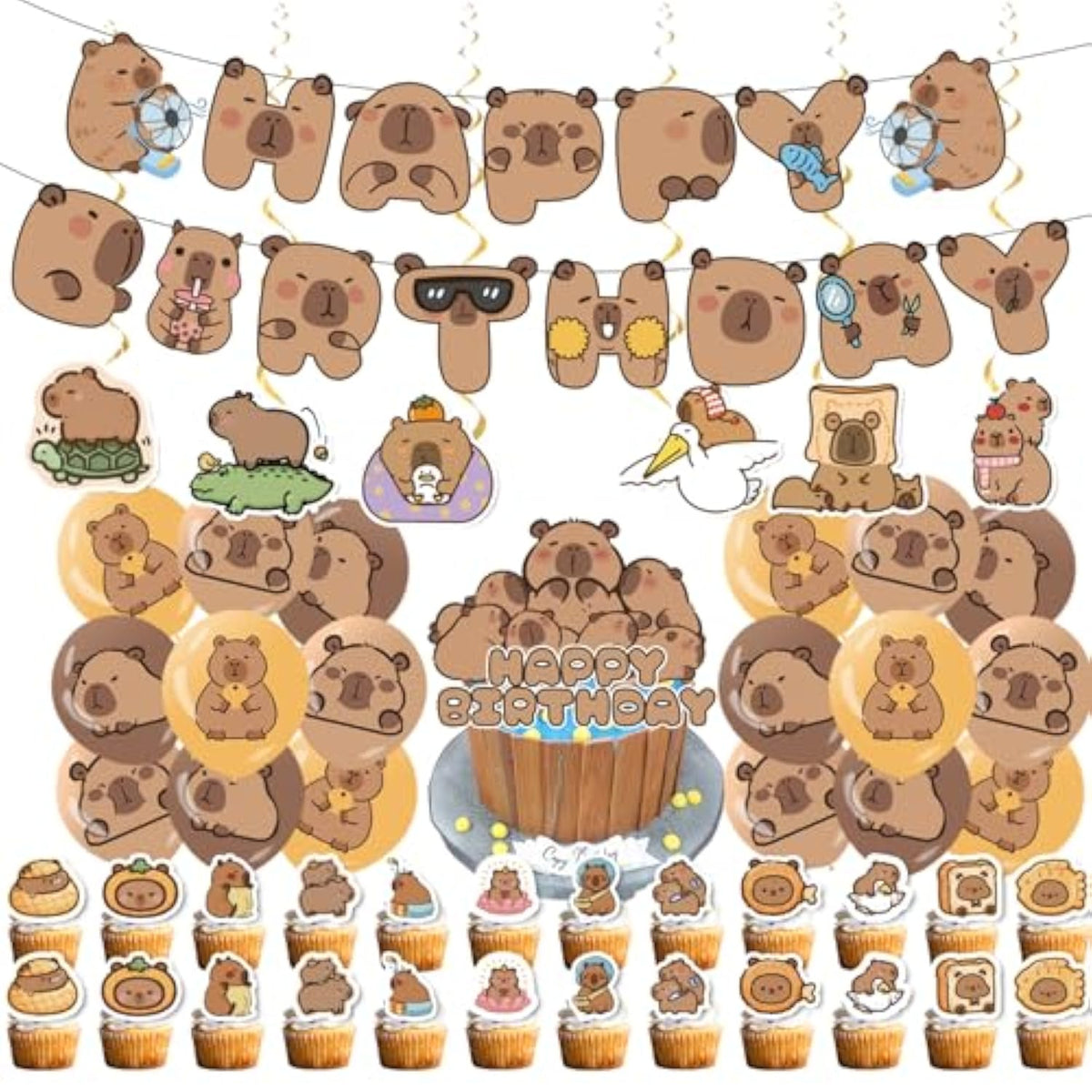Capybara Birthday Decor Set with Banner, Swirls, Toppers and Balloons