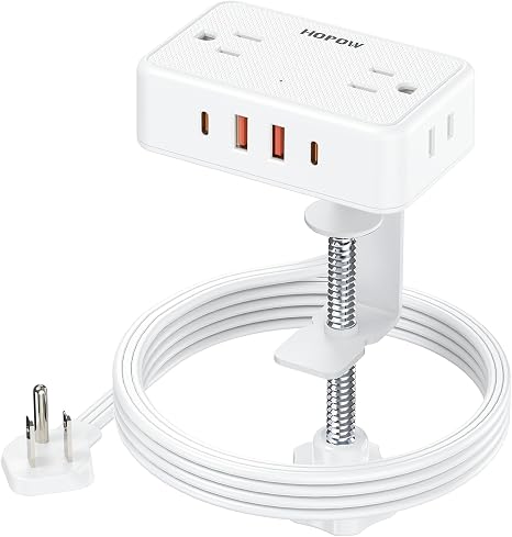 Desk Clamp Power Strip 5 Outlets 4 USB Ports 6FT Flat Plug Extension Cord White