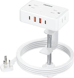 Desk Clamp Power Strip 5 Outlets 4 USB Ports 6FT Flat Plug Extension Cord White