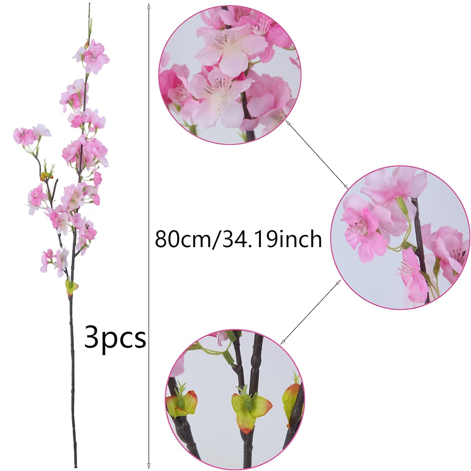 3 Pcs Artificial Cherry Blossom Flowers Faux Cherry Blossom Branches Silk Peach Flowers Bulk Spring Branches Arrangement Cherry Flowers Stems For Outdoor Indoor Wedding Table Decor Dark Pink