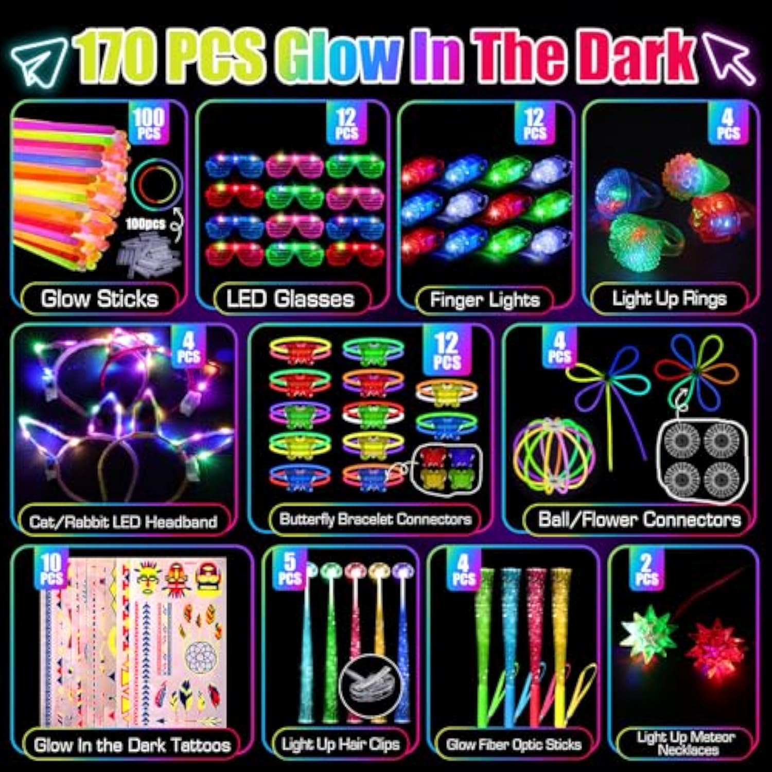 170pcs Glow in the Dark Party Supplies LED Sticks Glasses Rings Necklaces