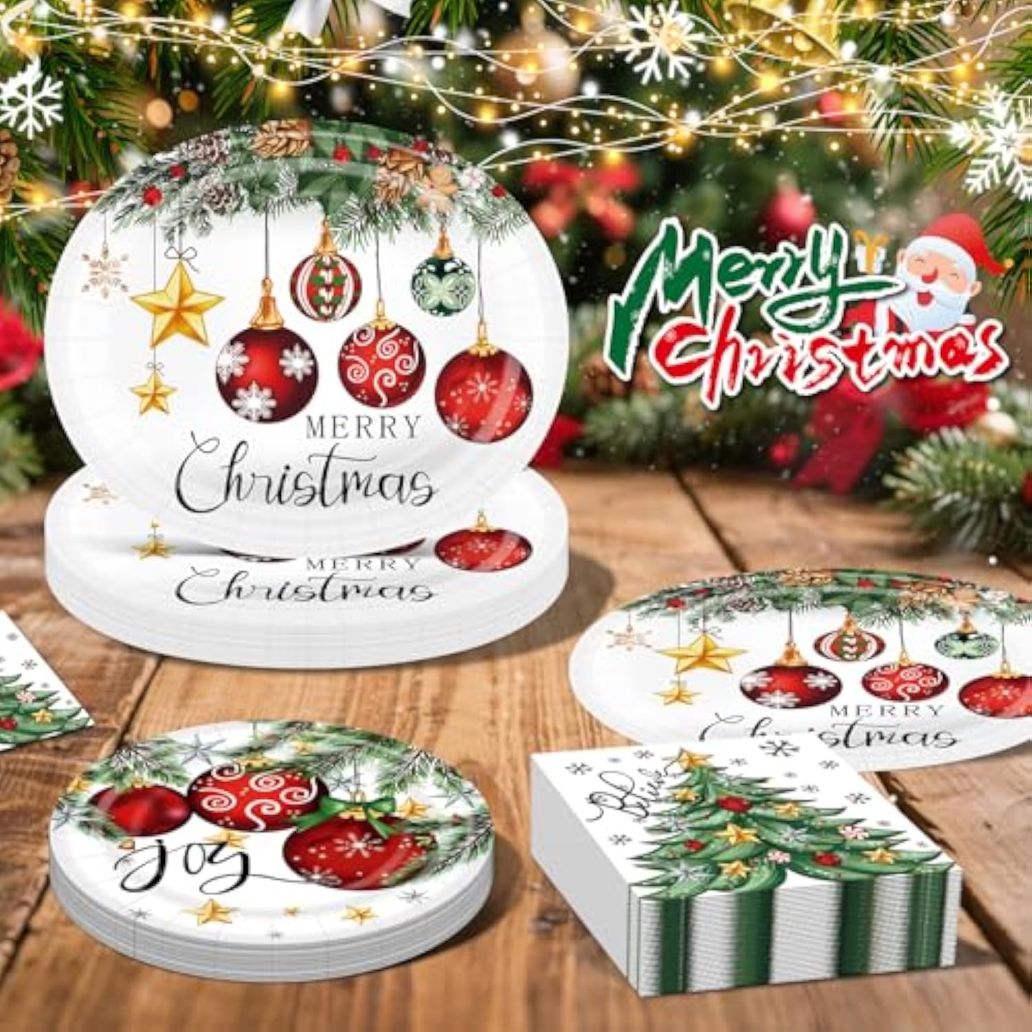 100Pcs Christmas Paper Plates And Napkins Set- (25 Guests) With 10 * 12 Inch Oval Plates And 9 Inch Round Paper Plate,Napkins For Christmas Party Supplies