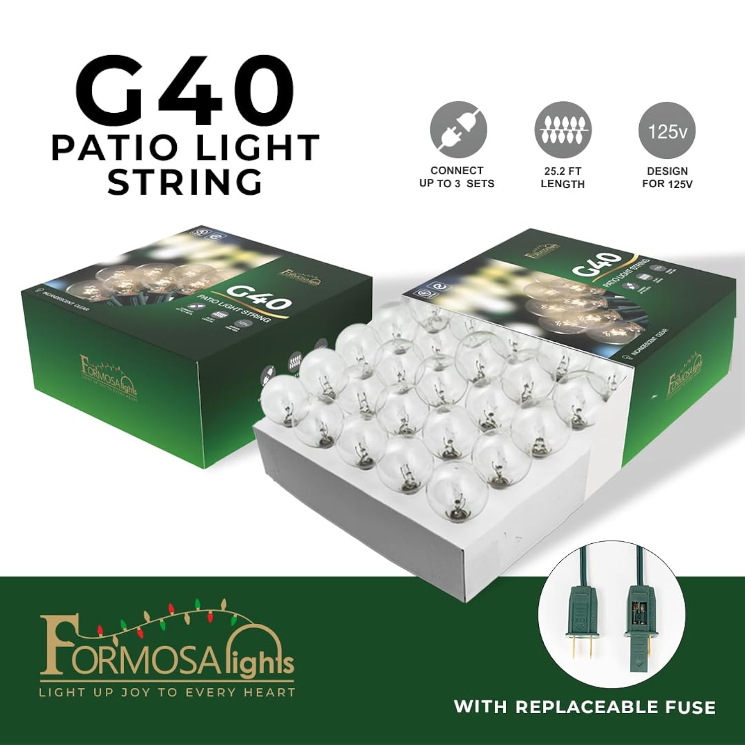 G40 26Ft Indoor/Outdoor Clear Incandescent Christmas String/Patio Light With 25 Bulbs And E12 Base | 120V, 5W
