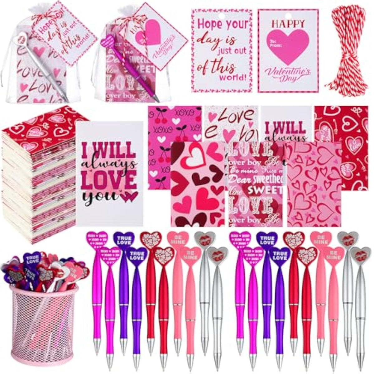 141 Pcs Valentines Notebook Pen Cards Set 35 Valentine Small Pocket Notepads 35 Heart Shaped Ballpoint Pen 35 Valentine Cards 35 Organza Bags For Party Supplies
