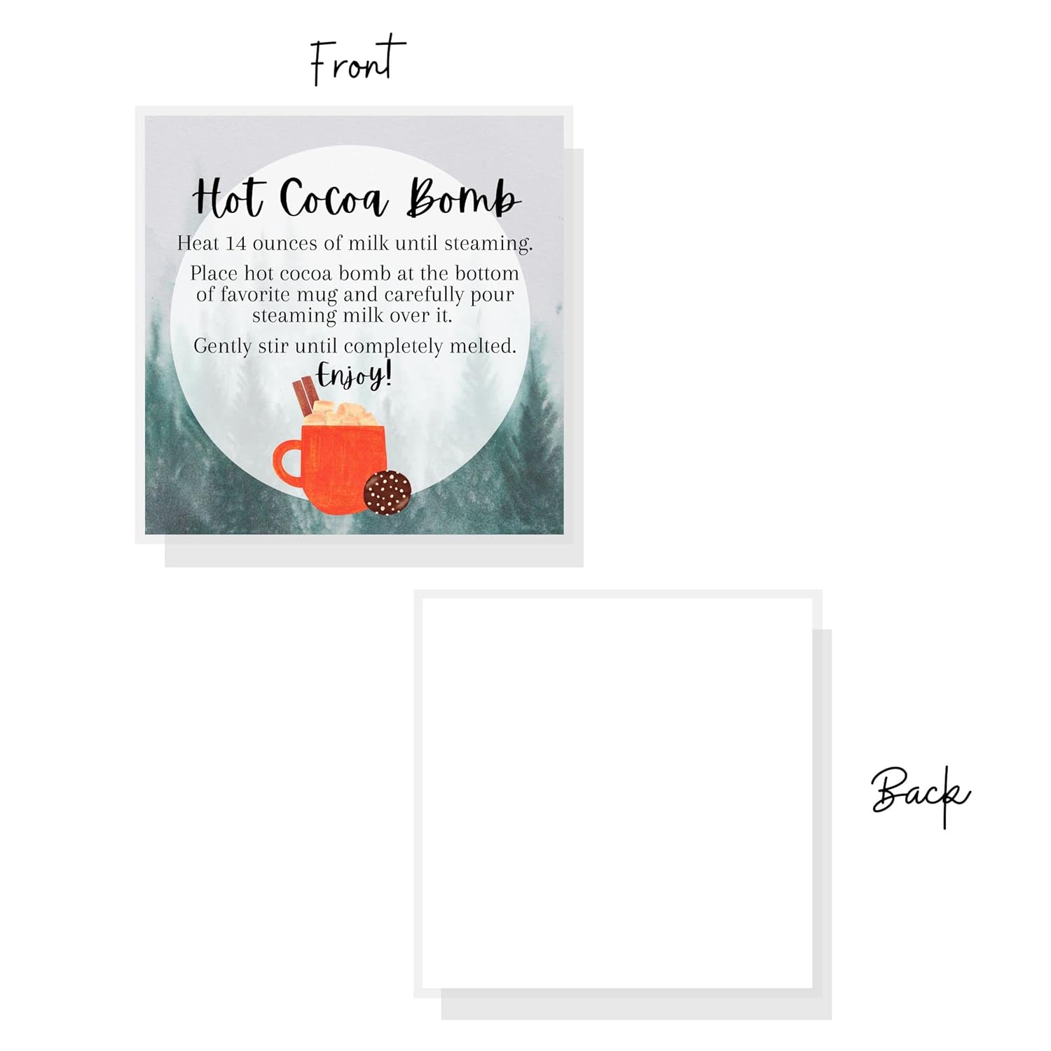 Hot Cocoa Chocolate Bomb Instruction Tags Cards | 50 Pack | 2.5" Inch Square Labels | Hot Cocoa Bomb Supplies | Christmas Holiday Winter Snow