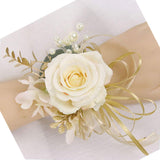 2Pc Pack-Handmade Artificial Flower Rose With Gold Leaves Ribbons Artificial Pearls Wrist Corsage Hand Flower With Elastic Wristband For Girl Bridesmaid Wedding Party Prom (Wrist Corsage)