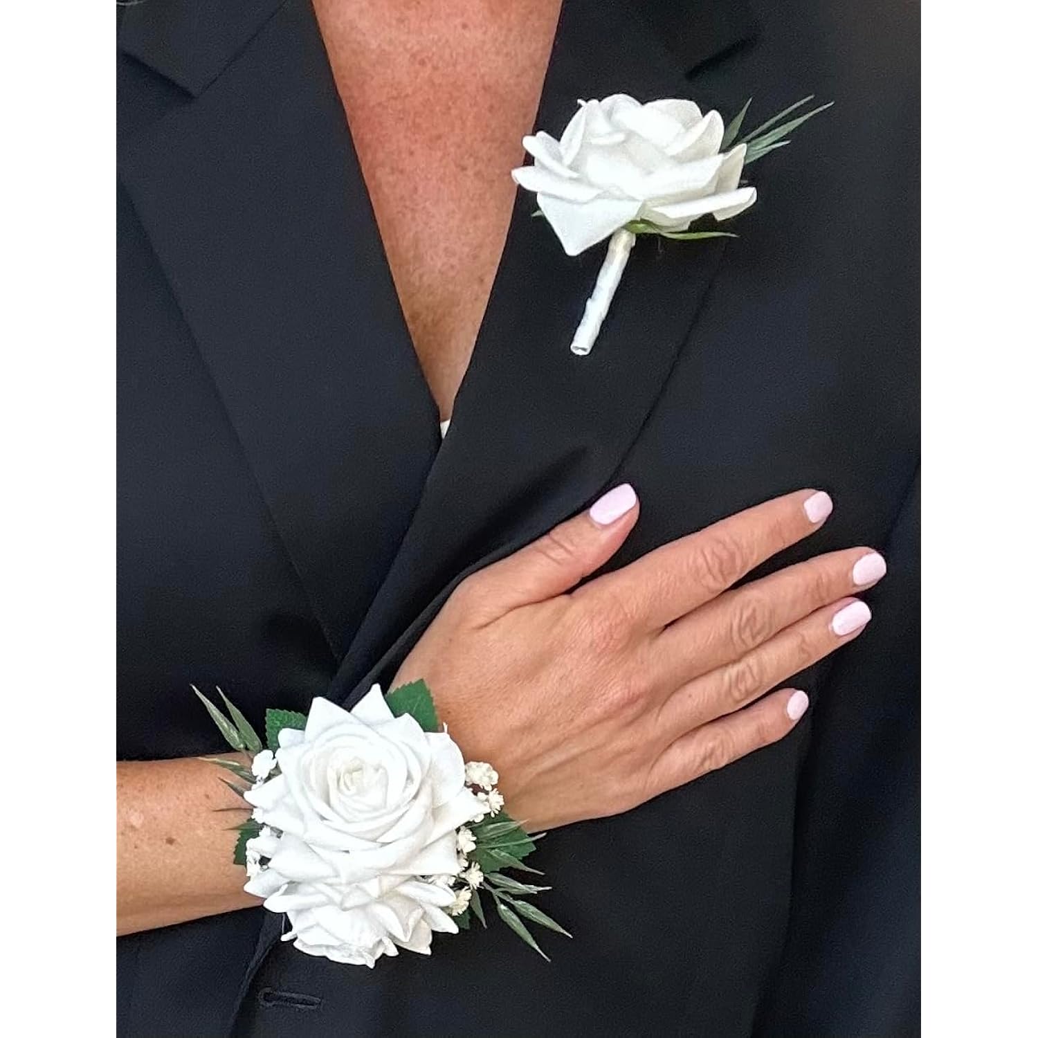 : Rose Wrist Corsage And Boutonniere Set, Usa Handcrafted Baby'S Breath Prom Flowers Wristlet Lapel Groom Floral Groomsmen Blush Pink, Red, White, Purple (Burgundy Corsage Boutonniere Set)