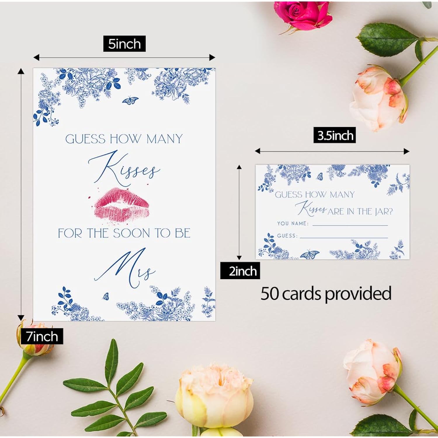 How Many Kisses Bridal Shower Game (1 Sign + 50 Cards), Blue Floral Bridal Shower Games, Something Blue Before I Do Decorations, Bachelorette Guessing Game, Kisses In The Jar Sign -Ghmk04