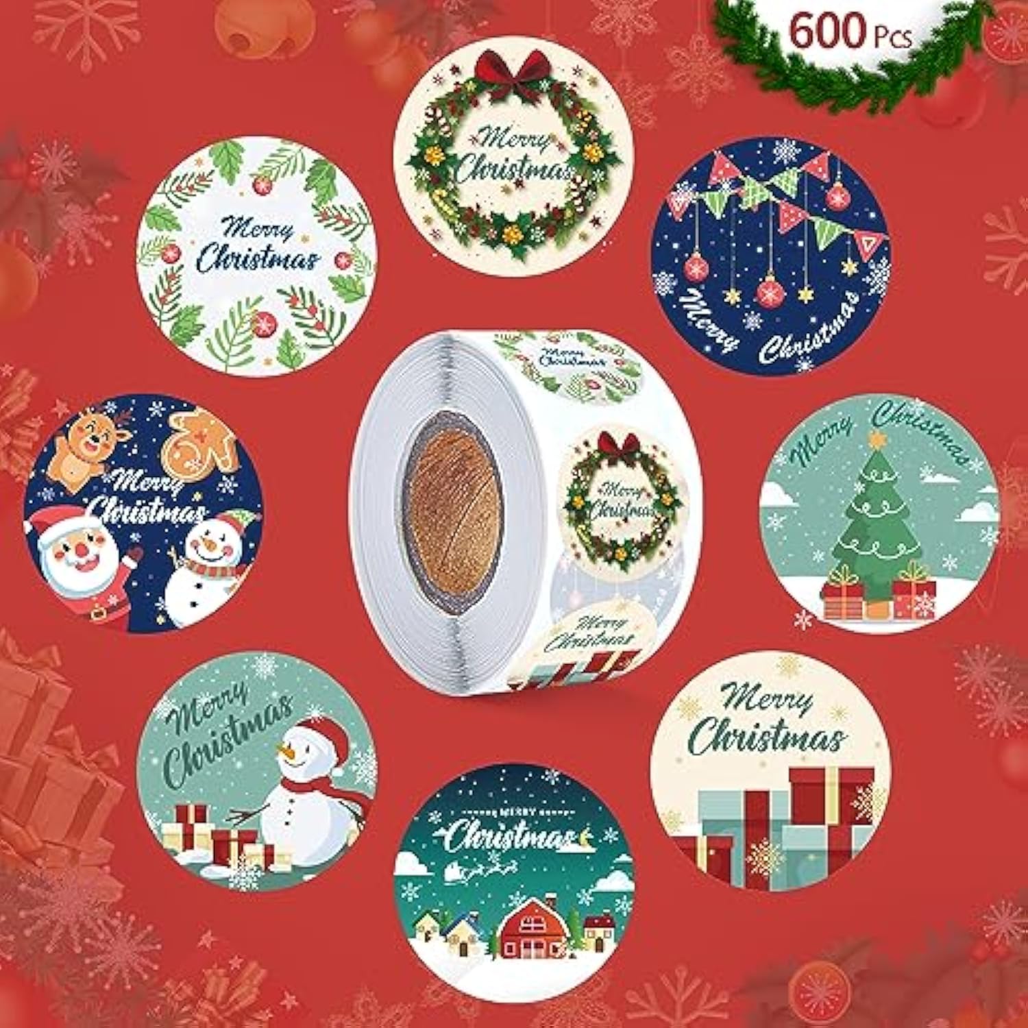 600Pcs Christmas Envelope Stickers, 1.5" Round Merry Christmas Stickers, 8 Winter Christmas Designs Decorative Envelope Seal Stickers, Card Gift Envelope Boxes