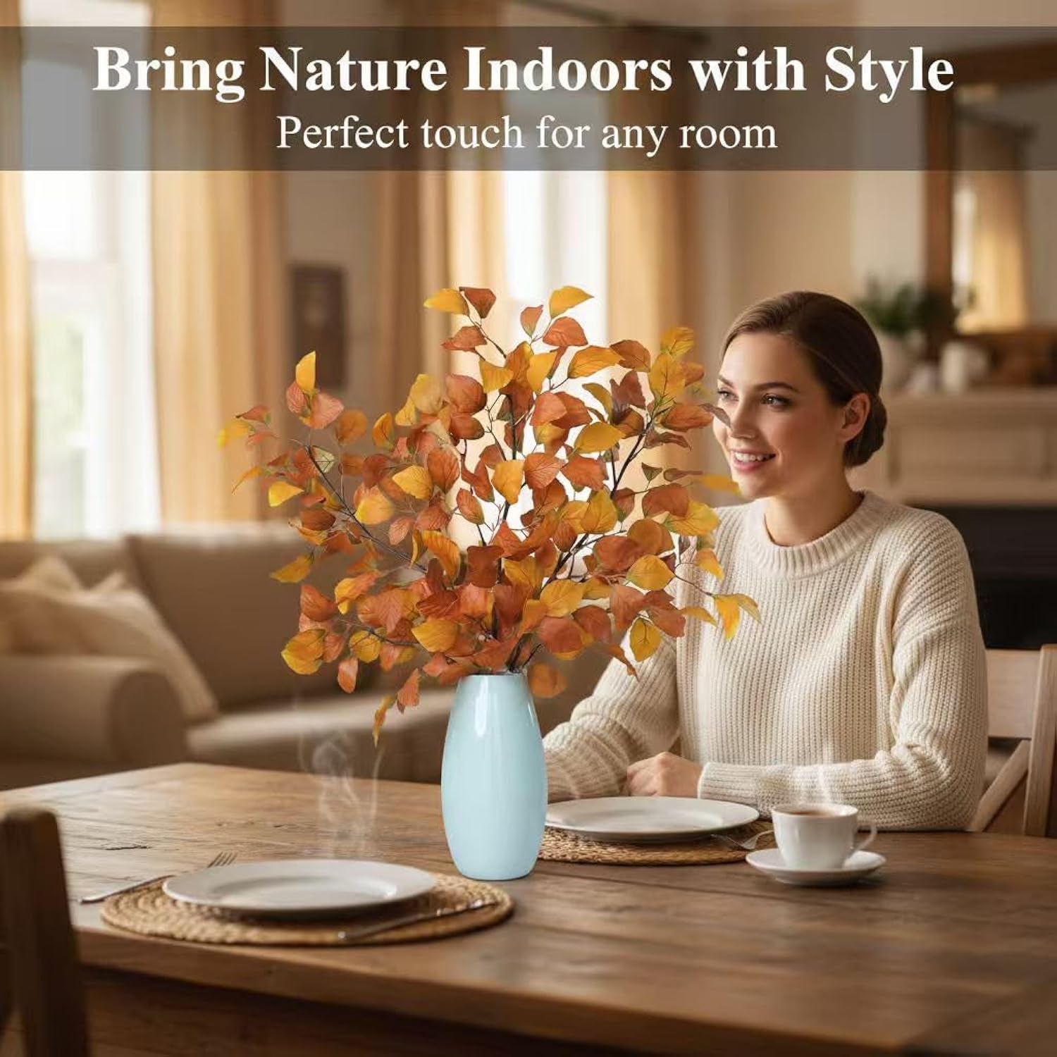 3 Pcs 39 Inch Fall Eucalyptus Stems Fake Fall Leaves Floral Stems Tall Artificial Plants Indoor Fall Decor For Living Room Home Decoration Halloween Flowers Artificial(Yellow)