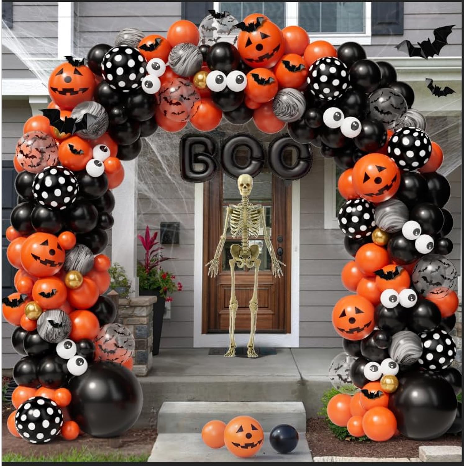 141Pcs Halloween Balloon Arch Kit - Black, Orange, Gold with BOO, Bats & Marble Balloons