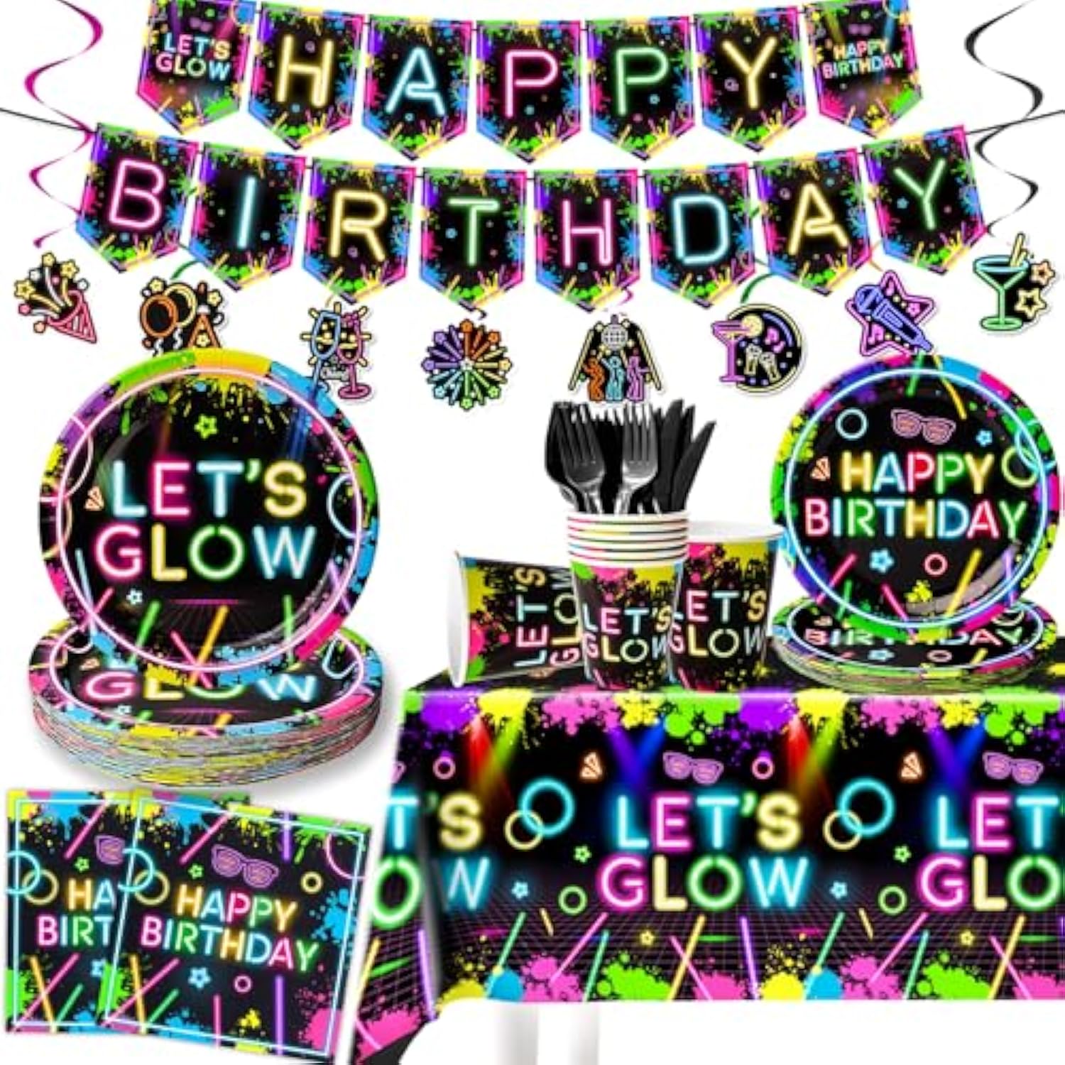 154Pcs Neon Party Supplies Set - Serves 24, Glow In The Dark Party Supplies, Includes Plates, Napkins, Banner, Hanging Swirls, Cups, Cutlery, Tablecloth For Glow Birthday Decorations