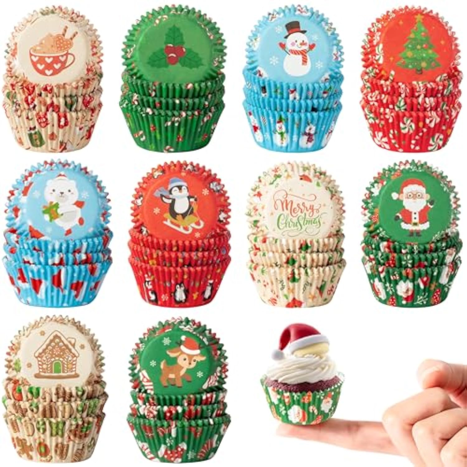 Christmas Mini Cupcake Liners - 600Pcs Merry Christmas Candy Baking Cups Muffin Cupcake Wrappers, Xmas Tree Santa Claus Snowman Chocolate Cake Wrap Making Supplies For Xmas Eve Party(10 Styles)