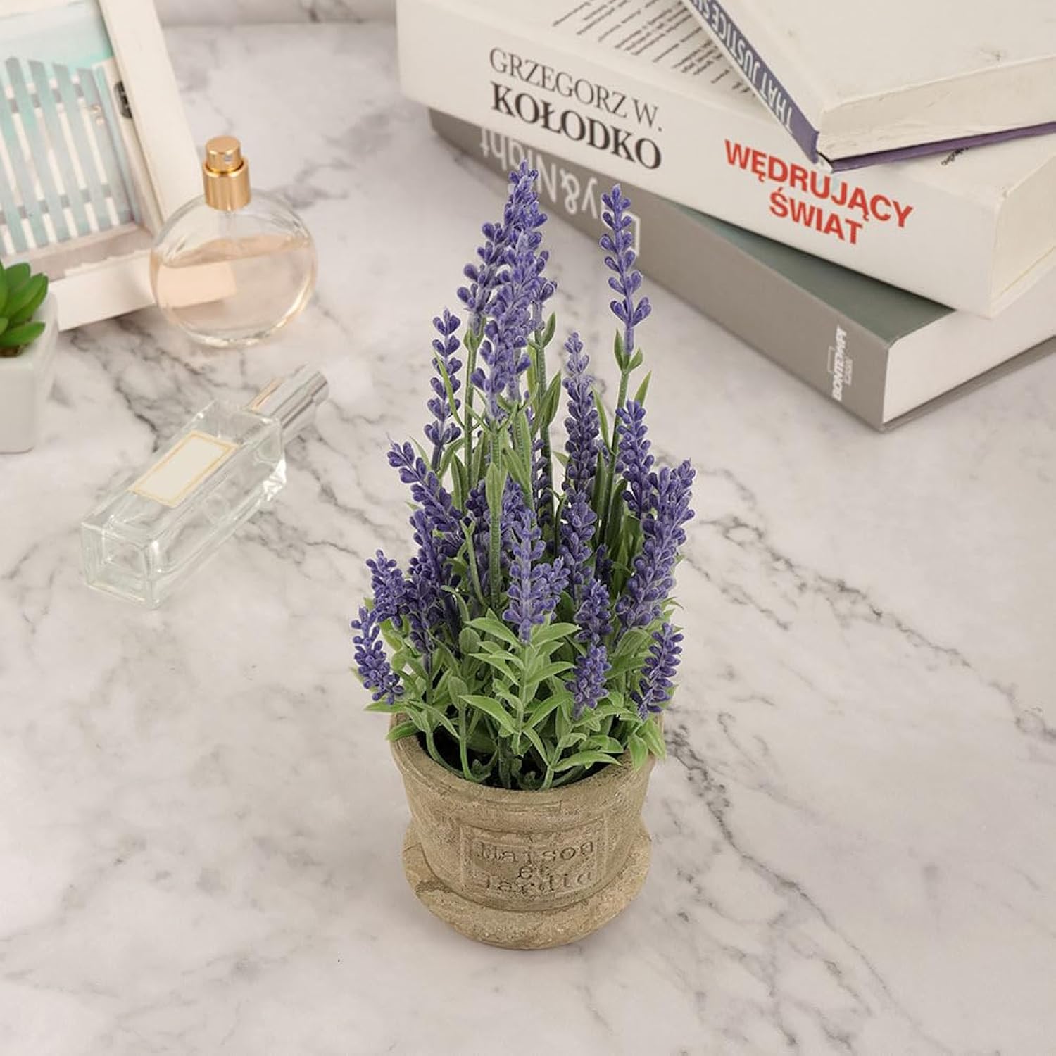 Faux Lavender Potted Plant - Realistic Simulated Bonsai Lavender Indoor Artificial Flowers For Home Office Wedding Table Centerpiece Small Decorative Plant 3.15X8.66X3.15 Inches