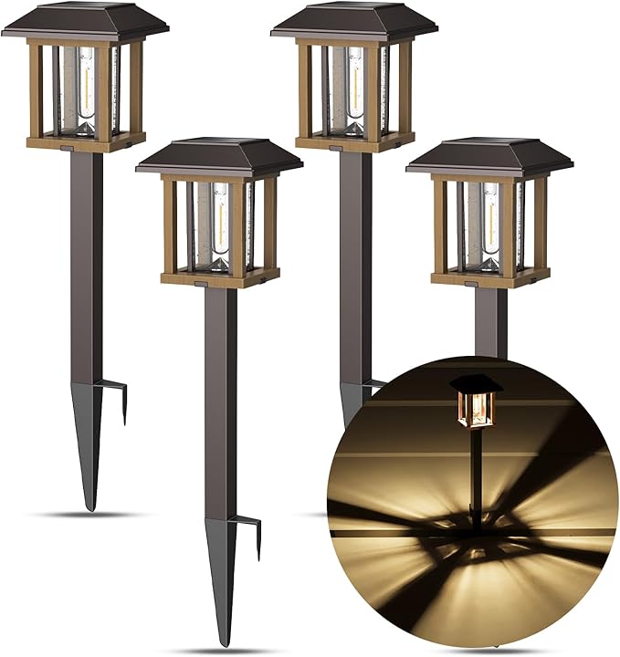 4 Pack Vintage Solar Pathway Lights Warm White Seeded Glass Waterproof Garden Lights