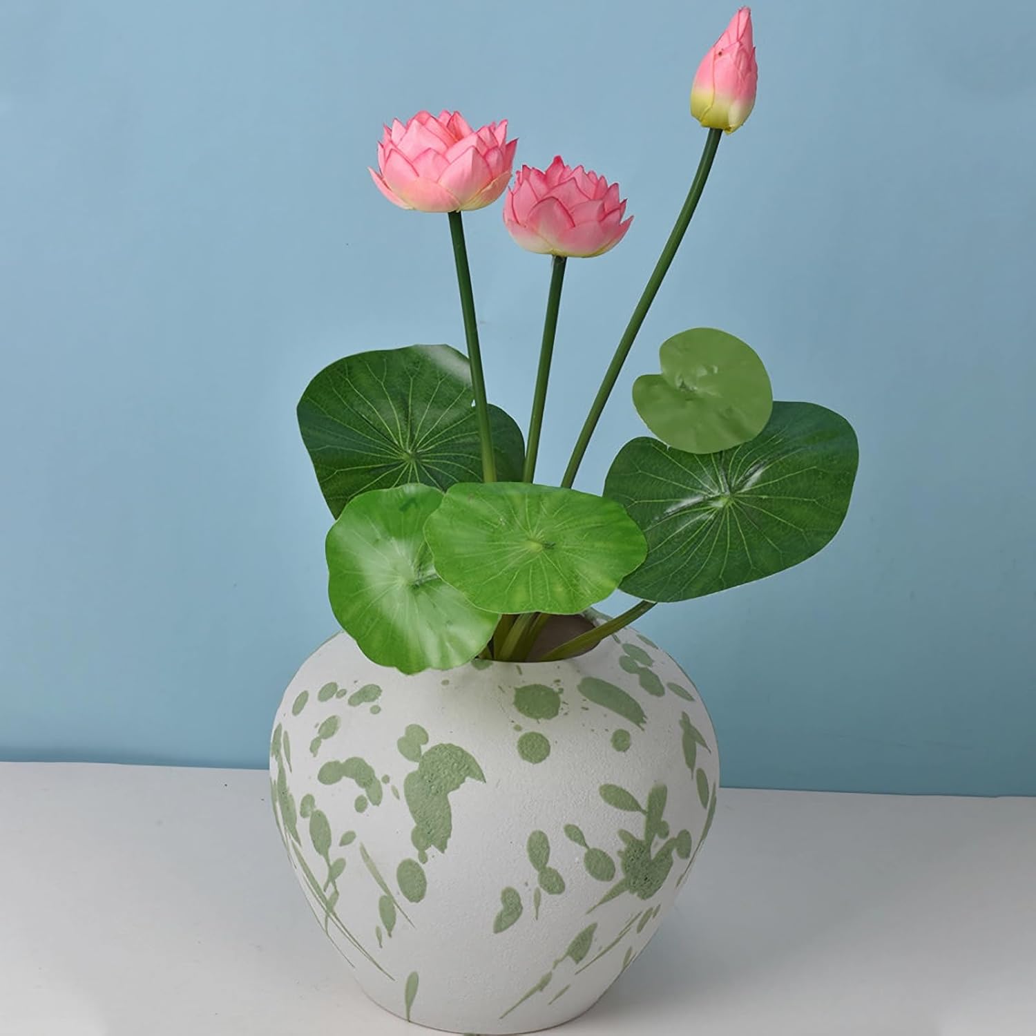 4Pcs Artificial Lotus Flowers With Leaves 17" Mini Pink Fake Water Lily Bouquets For Vase Bouquet Home Office Wedding Decor.(Pink,4Pcs)