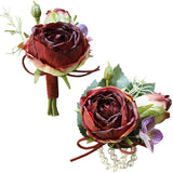 2 Pieces Artificial Rose Corsage And Boutonniere Set, Simulation Flowers Decorations For Groom Groomsmen Bride Bridesmaids Wedding Prom Party Suit-Burgundy (W4-X1-Dyb)
