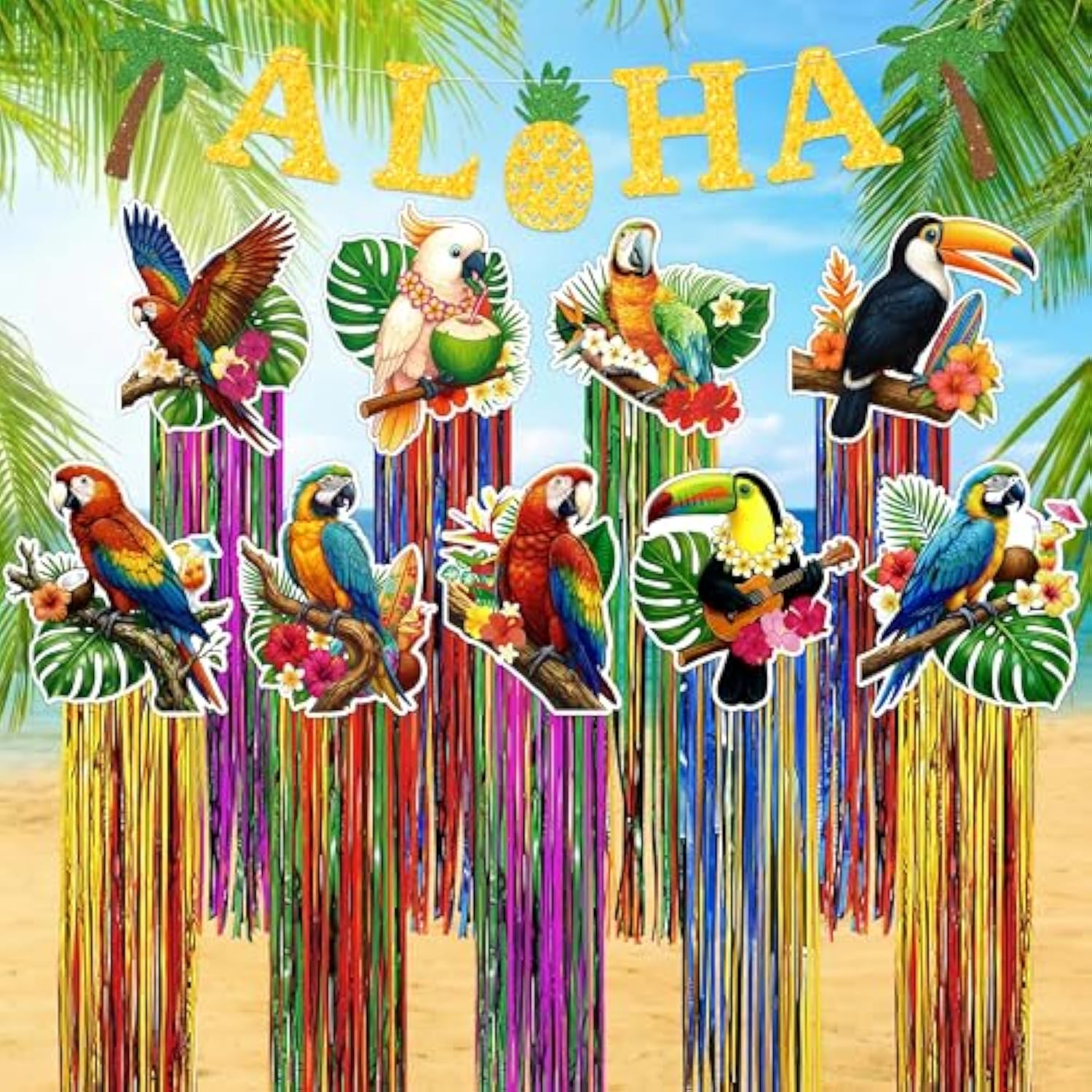 10Pcs Hawaiian Luau Party Decorations - Tropical Birds Hanging Decor With Aloha Banner For Hawaii Summer Outdoor Door Sign Birthday Supplies