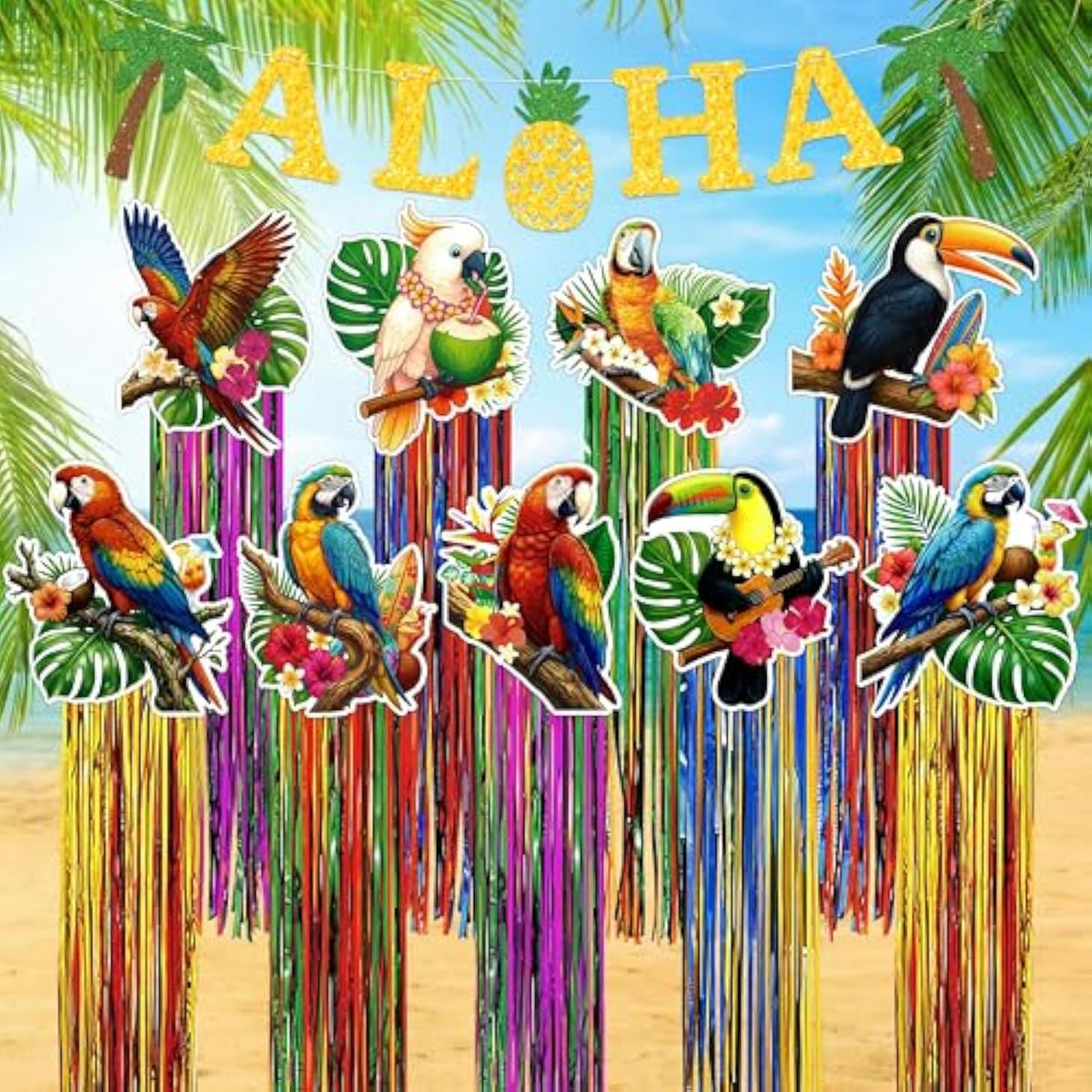 10Pcs Hawaiian Luau Party Decorations - Tropical Birds Hanging Decor With Aloha Banner For Hawaii Summer Outdoor Door Sign Birthday Supplies