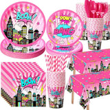 219 Pcs Pink Hero Birthday Party Decorations Girl Pink Comic Hero Plates Napkins Cups Tablecloth Cutlery Straw Disposable Tableware Set For Birthday Baby Shower Party Supplies, Serves 24