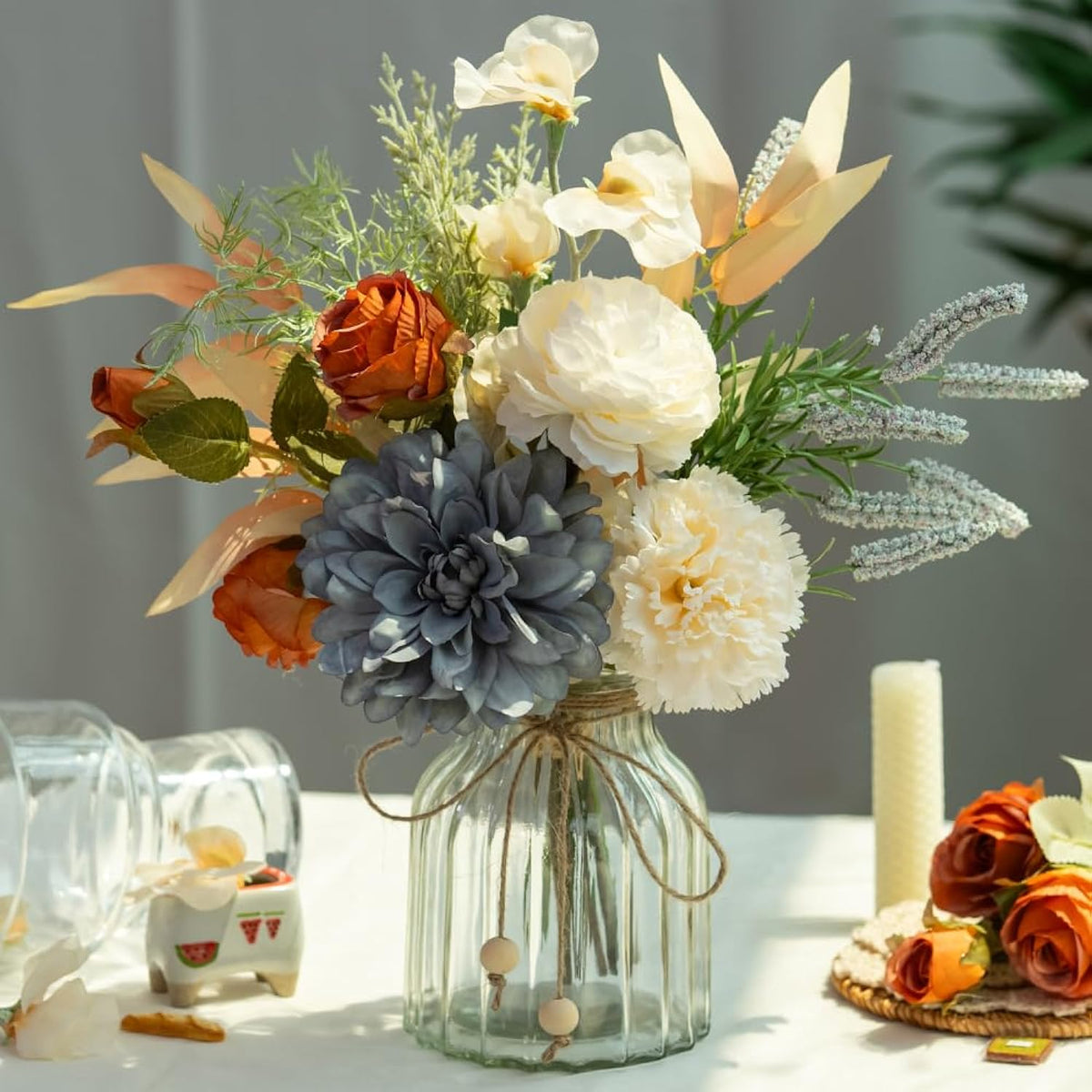 Dahlia Flower Aritificial Flower With Vase Fake Silk Flowers In Glass Vase Faux Rose Flowers Arrangement For Home Office Table Centerpiece Decoration (Blue)