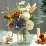 Dahlia Flower Aritificial Flower With Vase Fake Silk Flowers In Glass Vase Faux Rose Flowers Arrangement For Home Office Table Centerpiece Decoration (Blue)