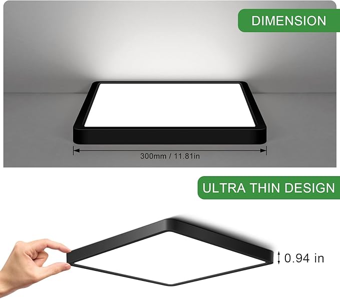 12 Inch Square LED Ceiling Light 24W Black Slim Flush Mount Fixture
