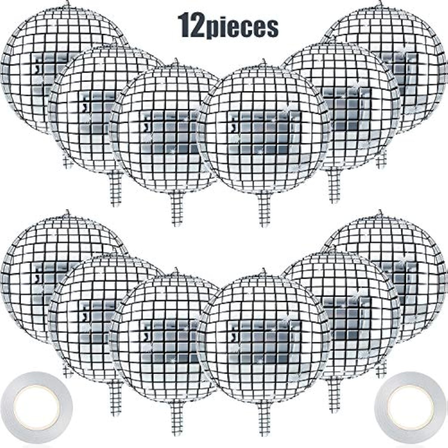 12pcs 22" Silver Disco Ball Balloons 4D Sphere for 70s 80s Party & Bachelorette