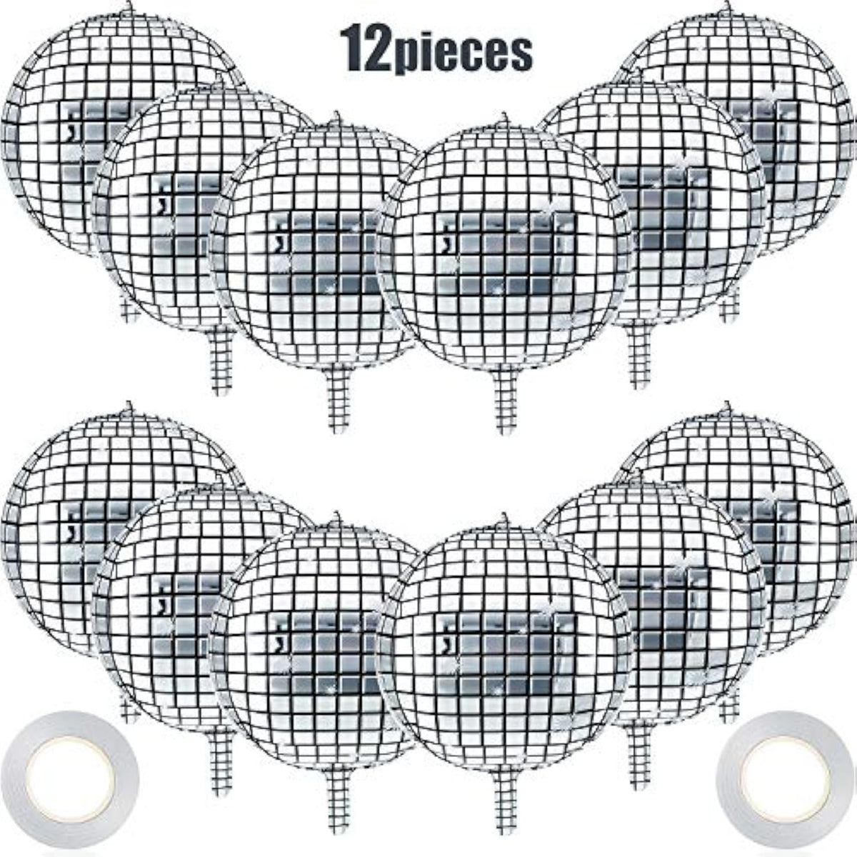 12pcs 22" Silver Disco Ball Balloons 4D Sphere for 70s 80s Party & Bachelorette