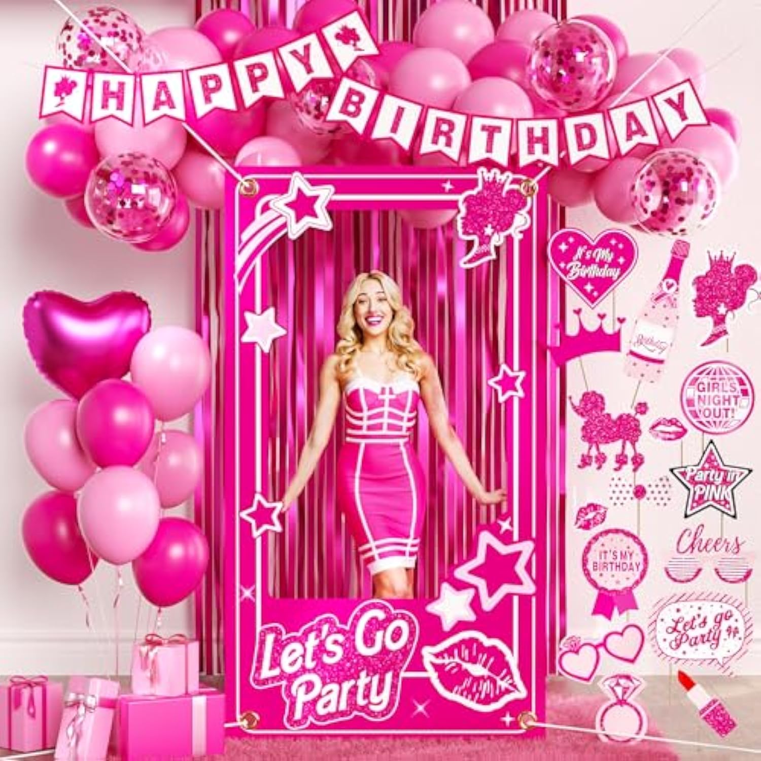 Birthday Decorations For Women,Happy Birthday Banner, 35 Balloons,Photo Booth Props For Girls (Hot Pink)