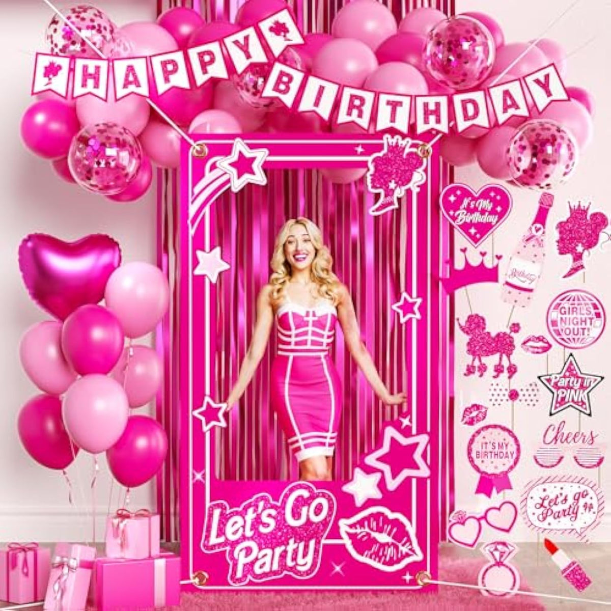Birthday Decorations For Women,Happy Birthday Banner, 35 Balloons,Photo Booth Props For Girls (Hot Pink)