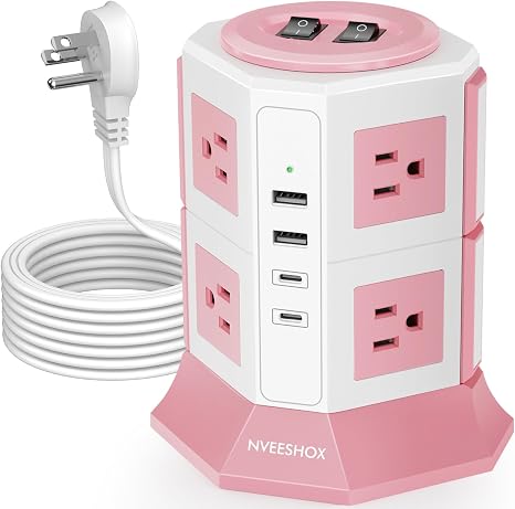 Power Strip Tower 8 Outlets 4 USB Ports 2 USB C 6.5FT Flat Plug Extension Cord White