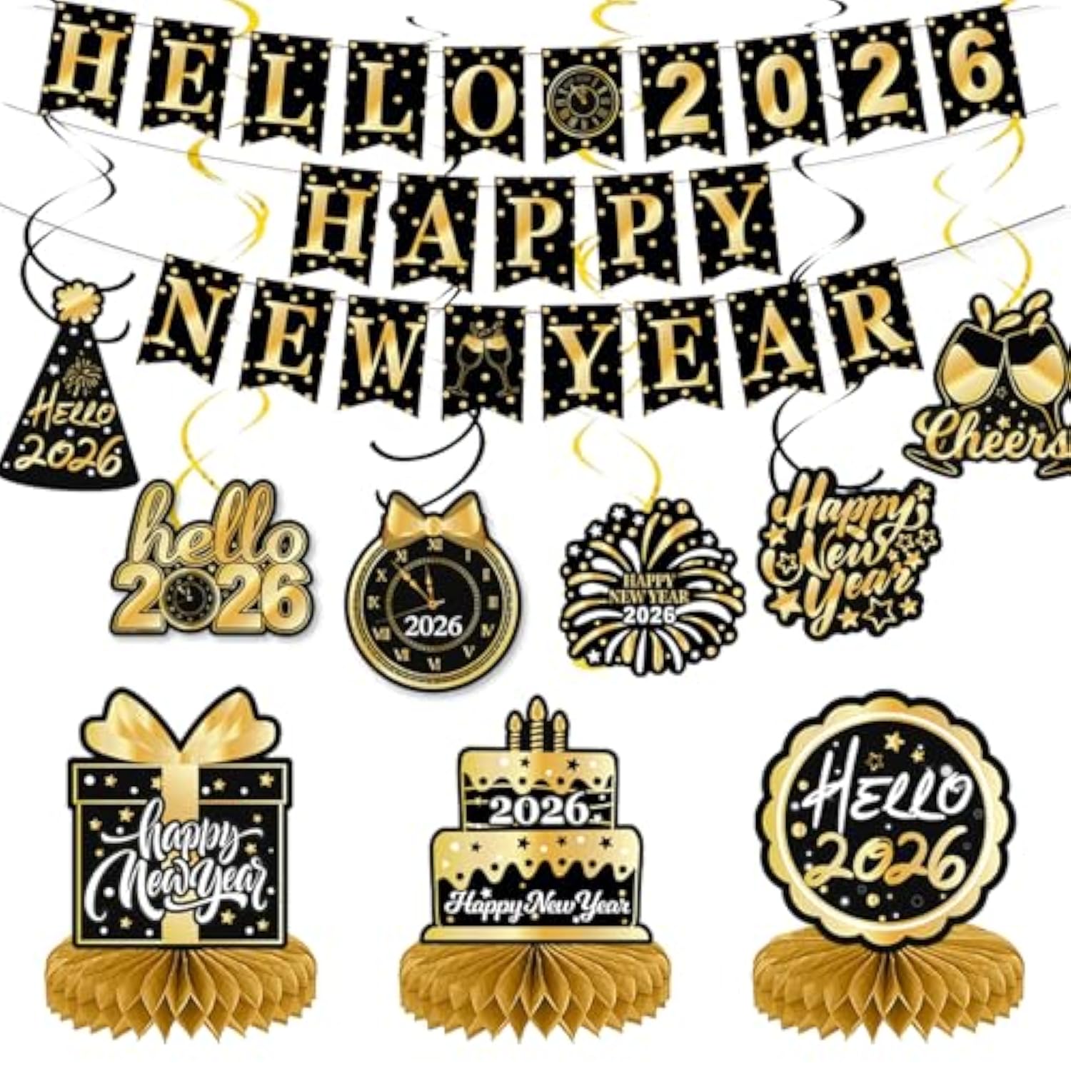 New Year 2026 Banner Hanging Swirls Honeycomb Party Decor