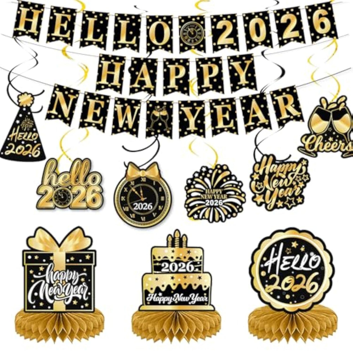 New Year 2026 Banner Hanging Swirls Honeycomb Party Decor