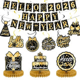 New Year 2026 Banner Hanging Swirls Honeycomb Party Decor